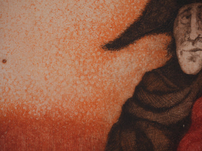 Enrique MARIN MUNOZ  : Voyageur et flamenca, Gravure originale signée