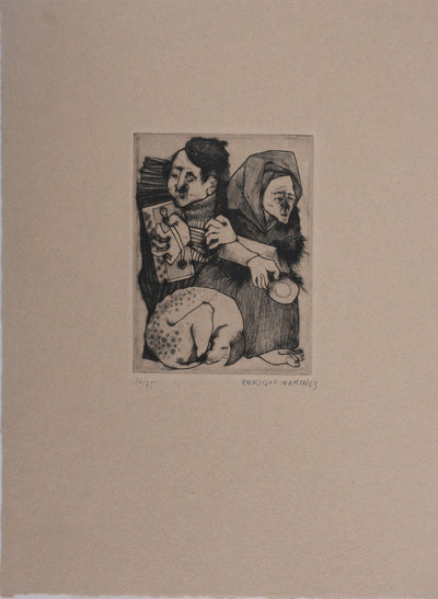 Enrique MARIN MUNOZ : L'accordéoniste et sa femme, Gravure originale signée