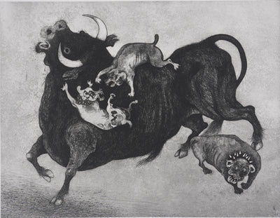 Enrique MARIN MUNOZ : Le taureau et les chiens, gravure originale signée