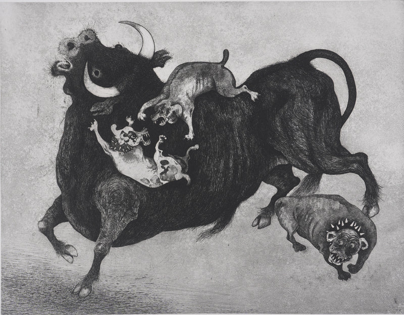 Enrique MARIN MUNOZ : Le taureau et les chiens, gravure originale signée