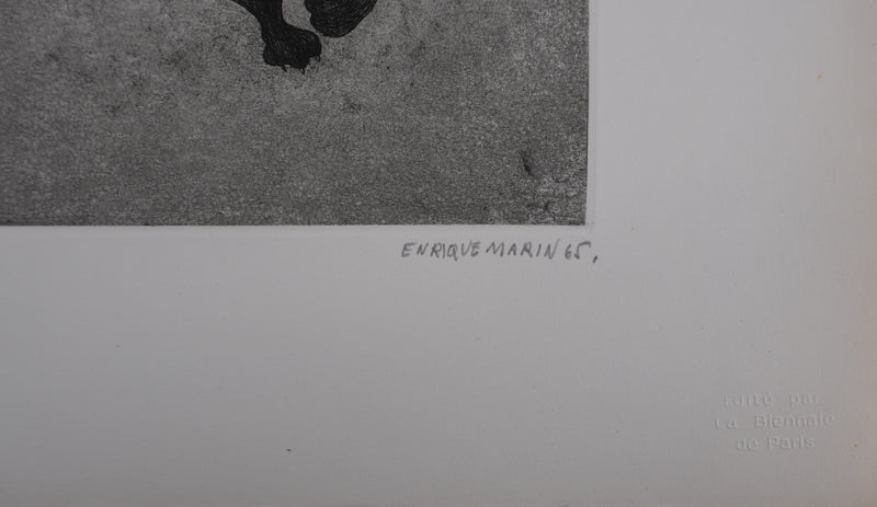 Enrique MARIN MUNOZ : Le taureau et les chiens, gravure originale signée