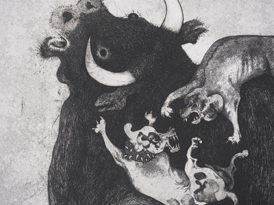Enrique MARIN MUNOZ : Le taureau et les chiens, gravure originale signée