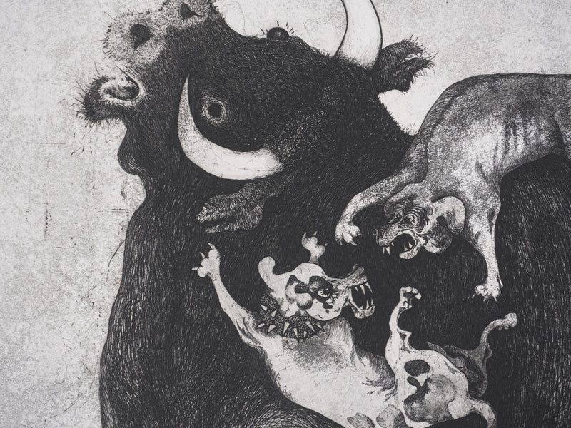 Enrique MARIN MUNOZ : Le taureau et les chiens, gravure originale signée