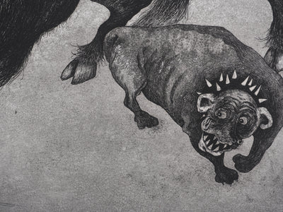 Enrique MARIN MUNOZ : Le taureau et les chiens, gravure originale signée