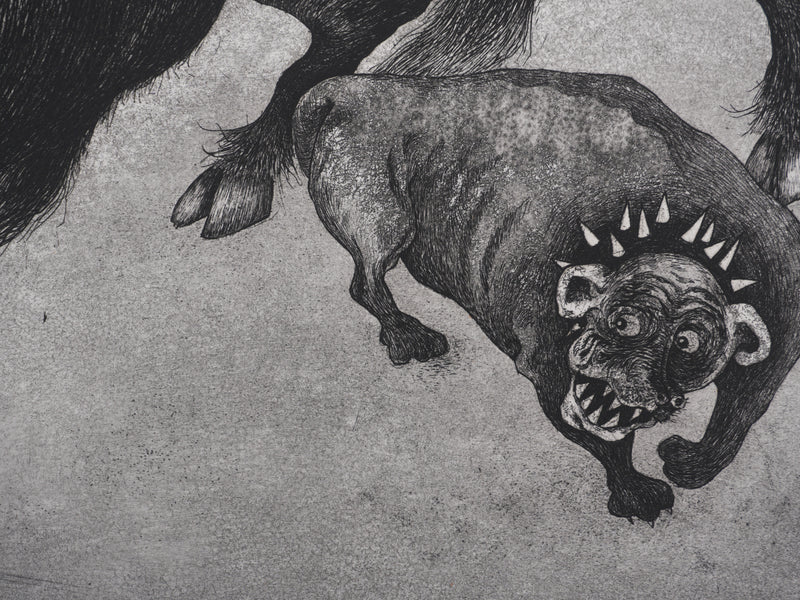 Enrique MARIN MUNOZ : Le taureau et les chiens, gravure originale signée