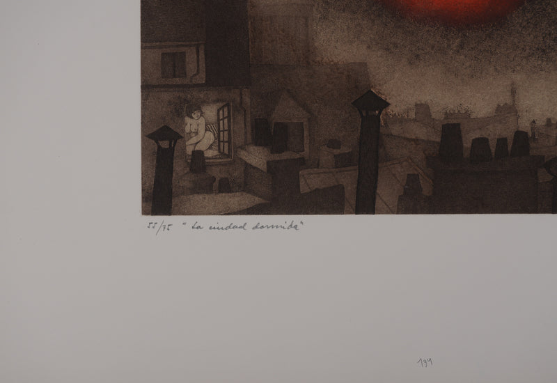 Enrique MARIN MUNOZ : La ville endormie, Gravure originale signée