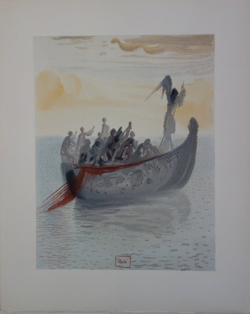 Salvador DALI : La barque du nocher, Bois gravé original signé