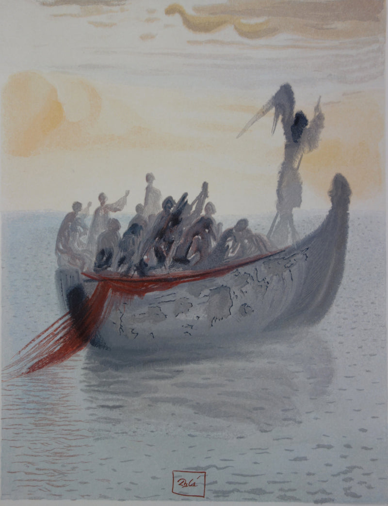 Salvador DALI : La barque du nocher, Bois gravé original signé