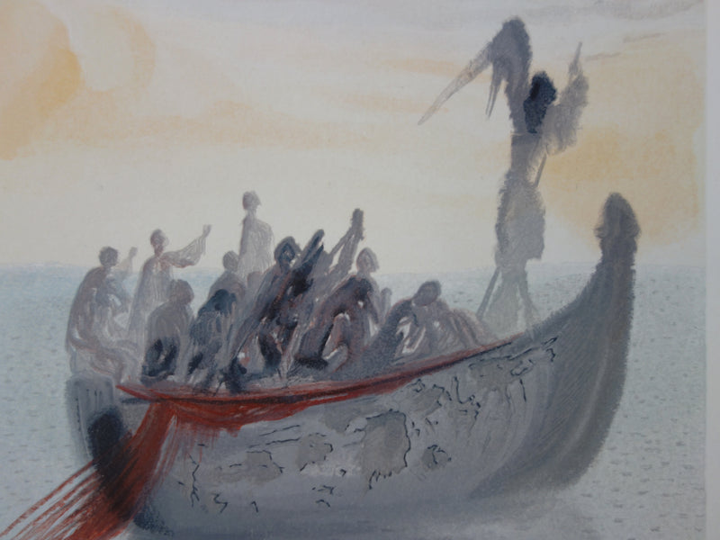 Salvador DALI : La barque du nocher, Bois gravé original signé