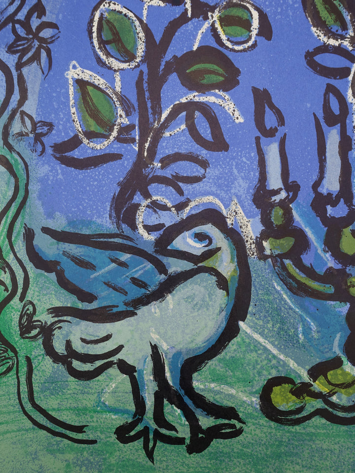 Marc CHAGALL: Dove and Menorah candlestick, Original lithograph
