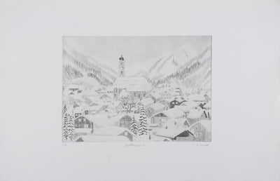 Camille COMBE : Vue sur Mittenwald, Gravure originale signée