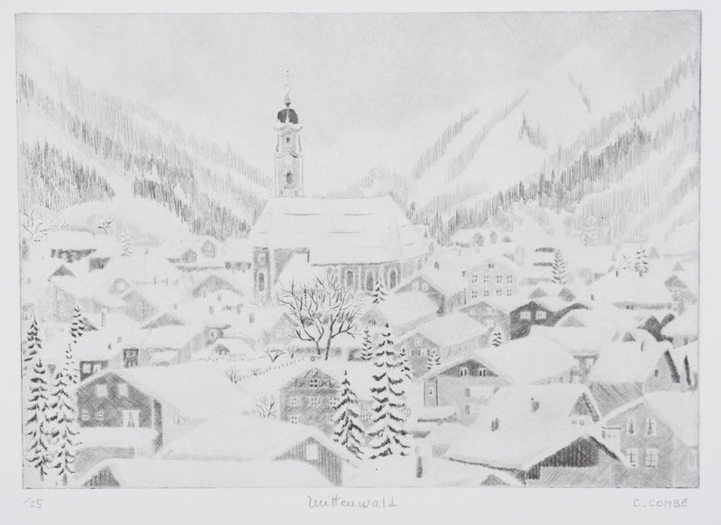 Camille COMBE : Vue sur Mittenwald, Gravure originale signée