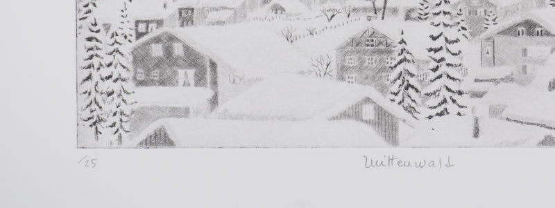 Camille COMBE : Vue sur Mittenwald, Gravure originale signée