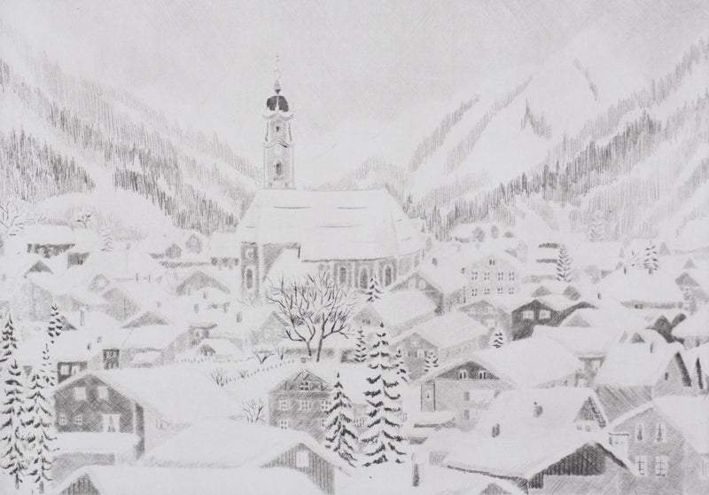 Camille COMBE : Vue sur Mittenwald, Gravure originale signée