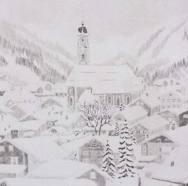 Camille COMBE : Vue sur Mittenwald, Gravure originale signée