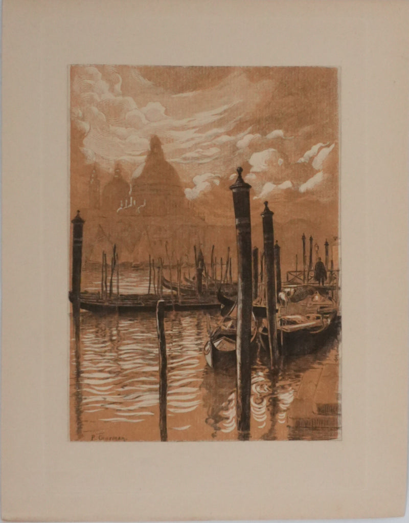 Pierre GUSMAN : Venise, Les gondoles (camaïeu), Gravure originale signée