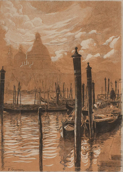 Pierre GUSMAN : Venise, Les gondoles (camaïeu), Gravure originale signée