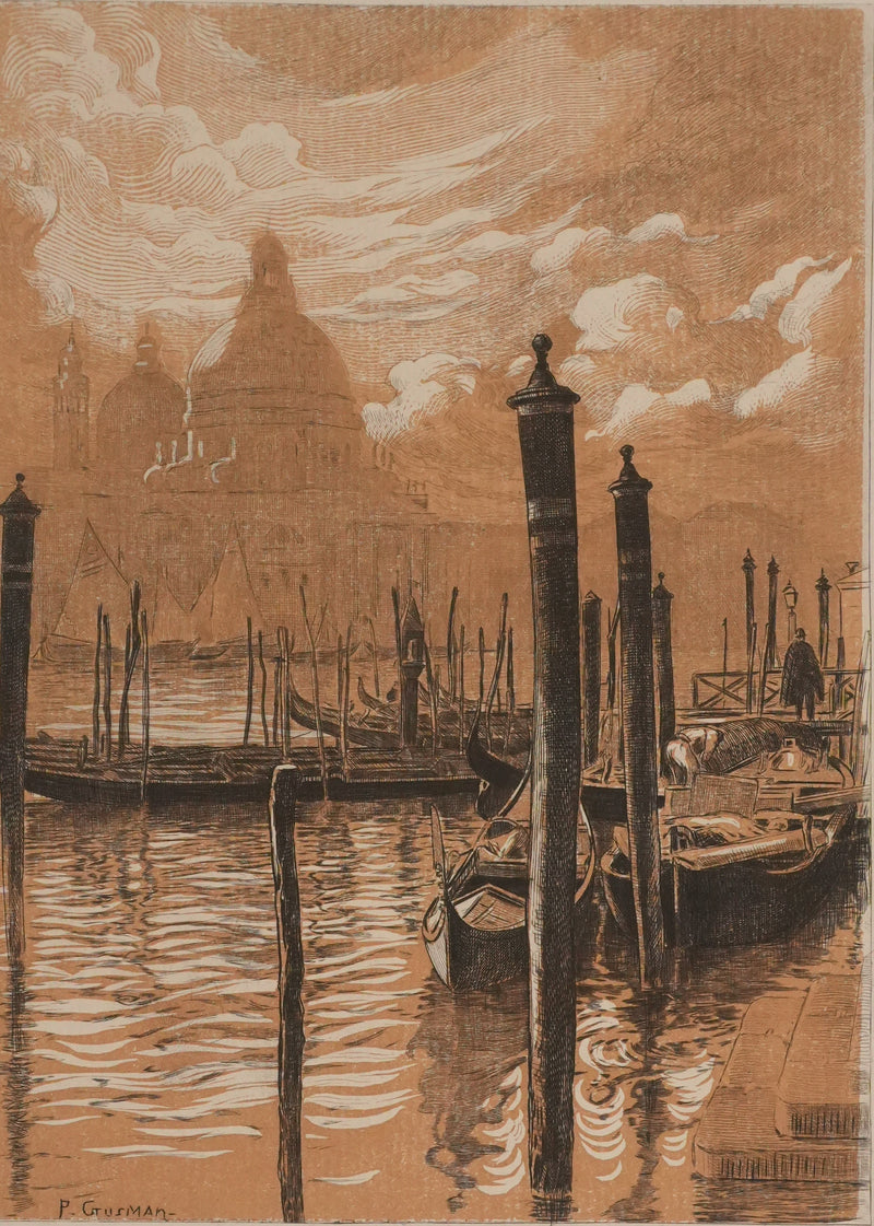 Pierre GUSMAN : Venise, Les gondoles (camaïeu), Gravure originale signée