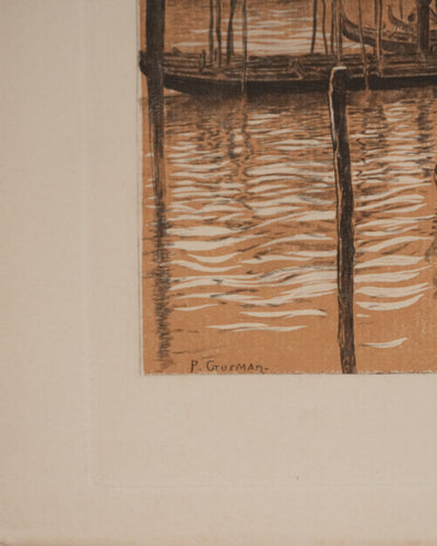 Pierre GUSMAN : Venise, Les gondoles (camaïeu), Gravure originale signée