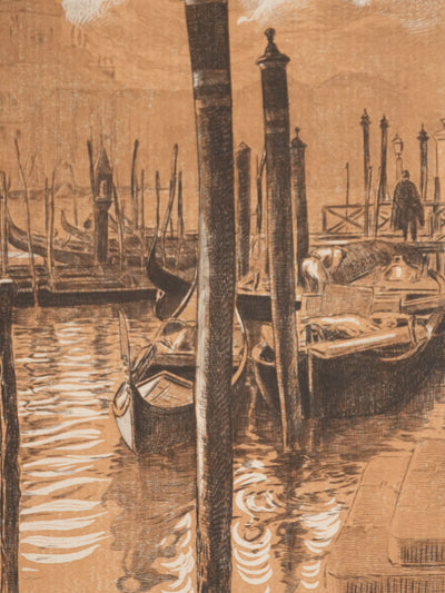 Pierre GUSMAN : Venise, Les gondoles (camaïeu), Gravure originale signée