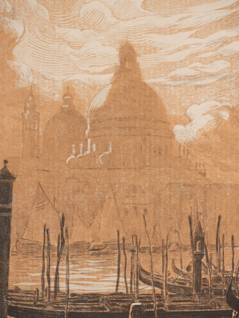 Pierre GUSMAN : Venise, Les gondoles (camaïeu), Gravure originale signée