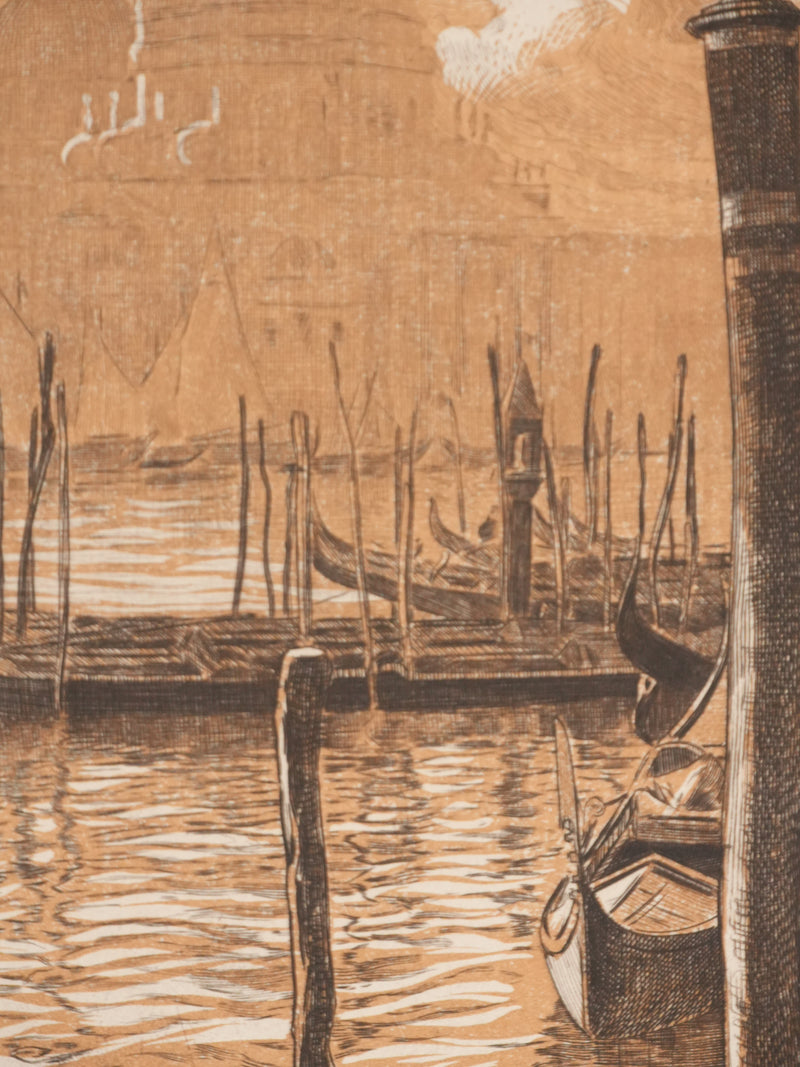 Pierre GUSMAN : Venise, Les gondoles (camaïeu), Gravure originale signée
