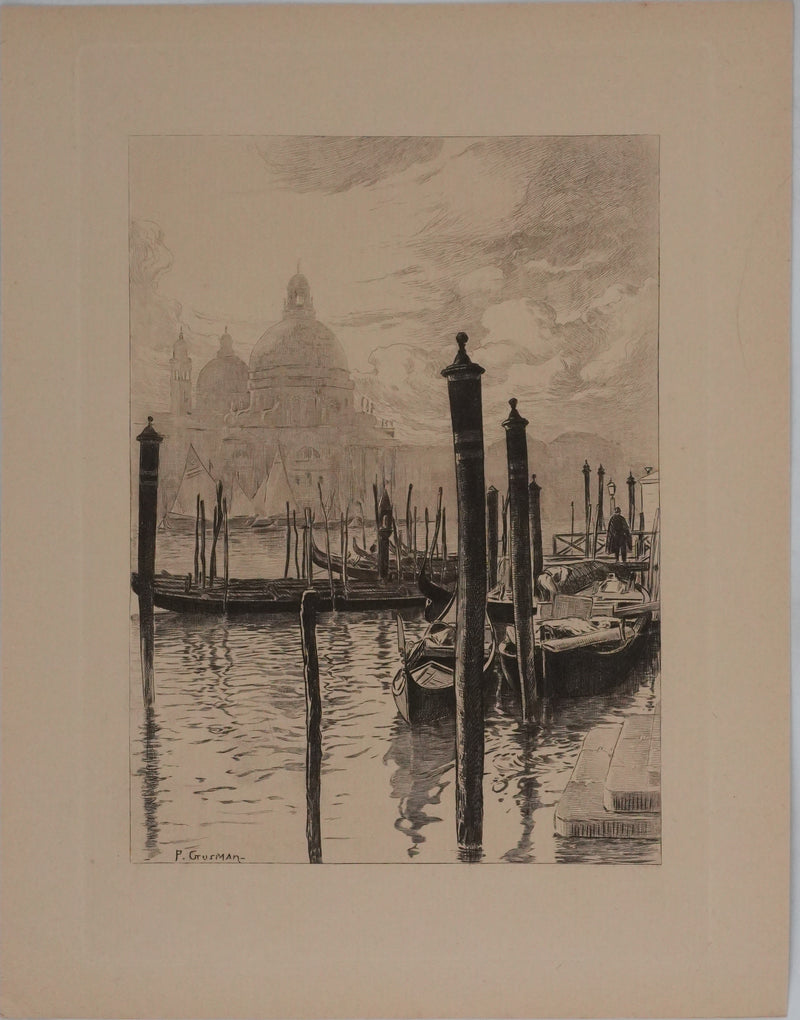 Pierre GUSMAN : Venise, Les gondoles, Gravure originale signée