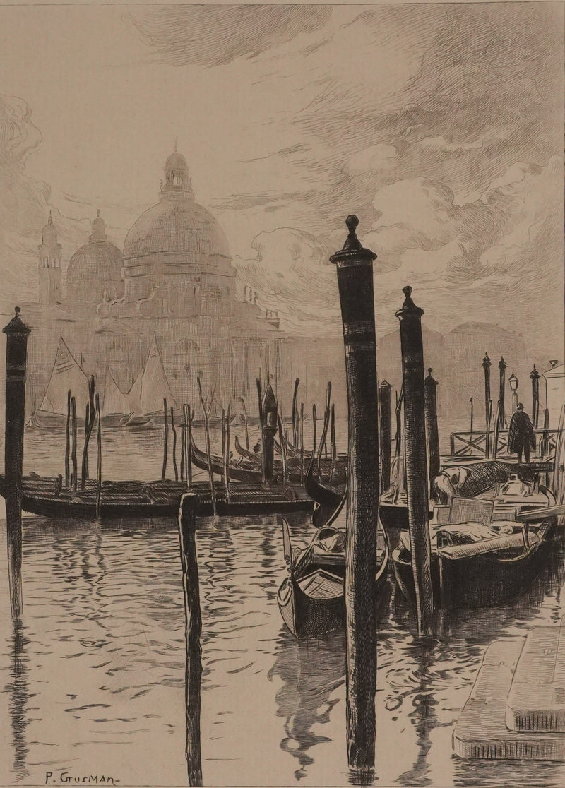 Pierre GUSMAN : Venise, Les gondoles, Gravure originale signée