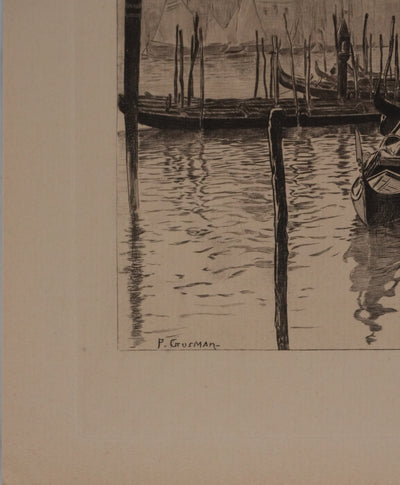 Pierre GUSMAN : Venise, Les gondoles, Gravure originale signée