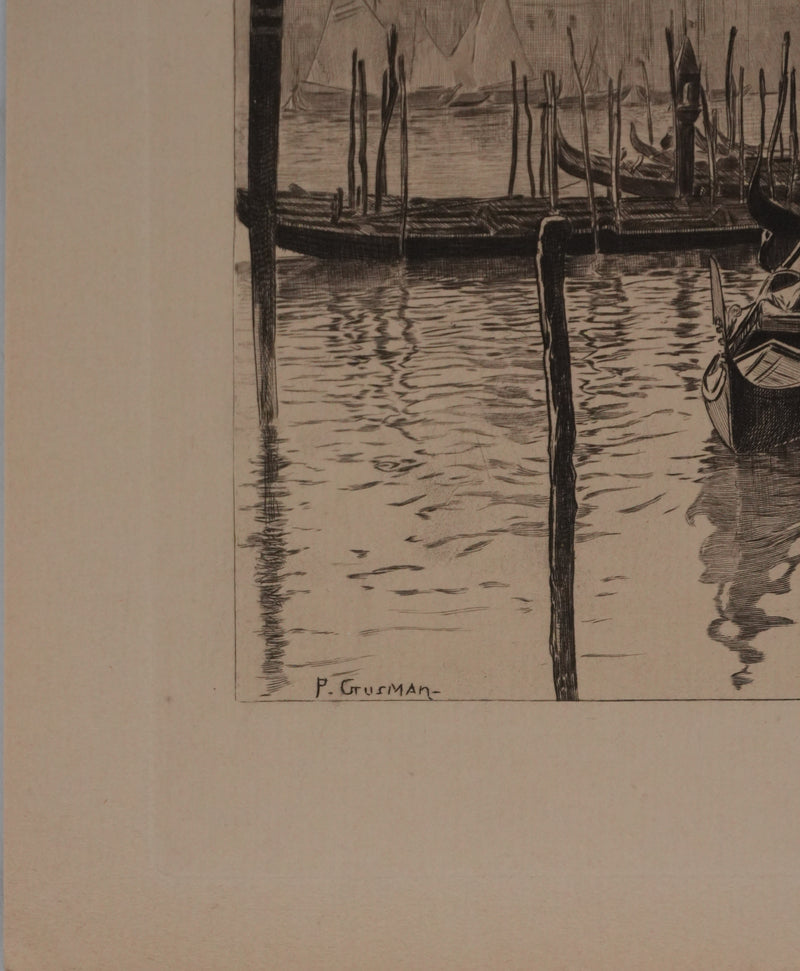 Pierre GUSMAN : Venise, Les gondoles, Gravure originale signée