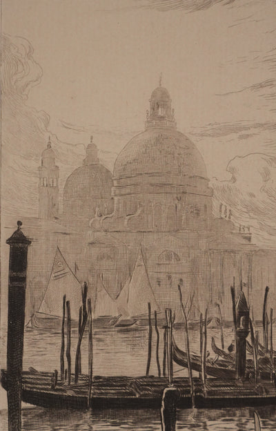 Pierre GUSMAN : Venise, Les gondoles, Gravure originale signée