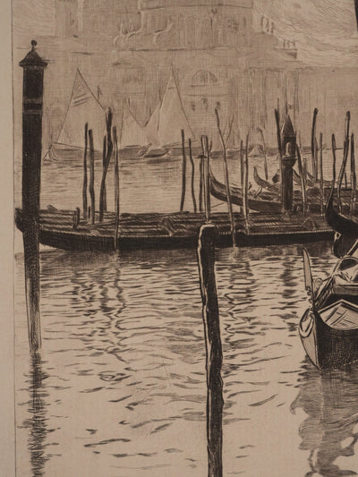 Pierre GUSMAN : Venise, Les gondoles, Gravure originale signée
