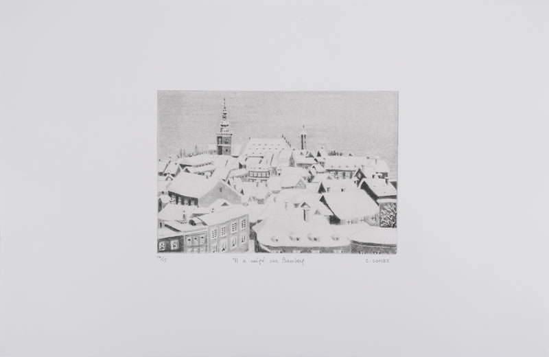 Camille COMBE : Il a neigé sur Bamberg, Gravure originale signée