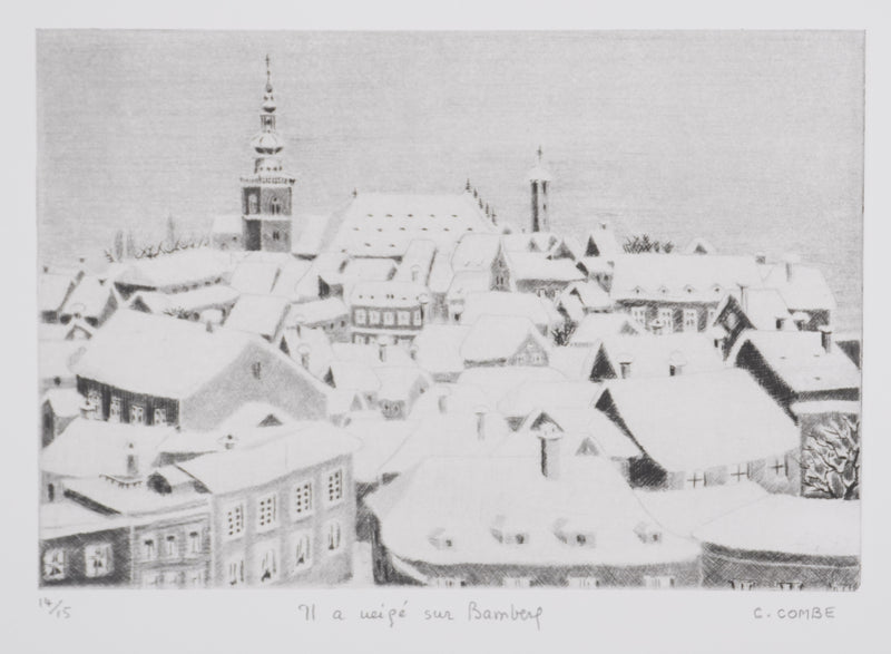Camille COMBE : Il a neigé sur Bamberg, Gravure originale signée