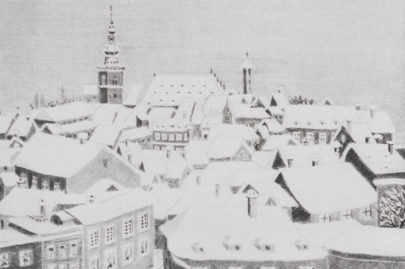 Camille COMBE : Il a neigé sur Bamberg, Gravure originale signée