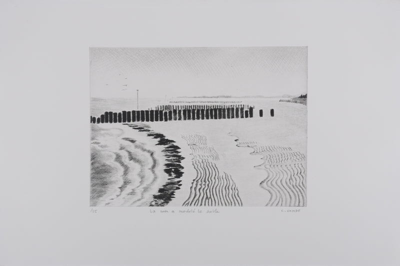 Camille COMBE : La mer a modelé le sable, Gravure originale signée