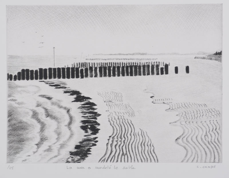 Camille COMBE : La mer a modelé le sable, Gravure originale signée