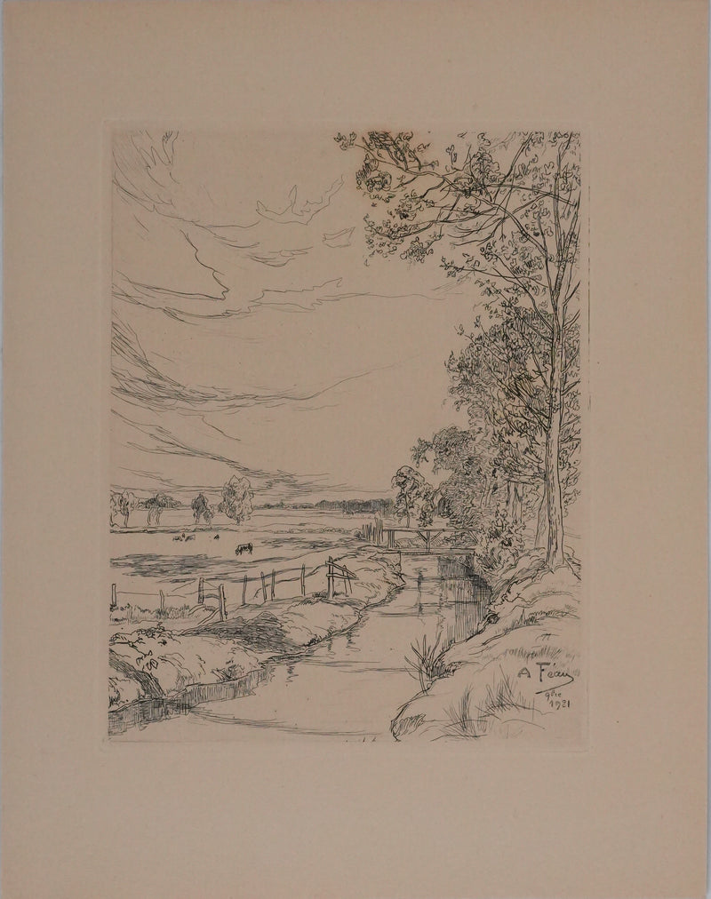 Amédée FEAU : Les près au bord du ruisseau, Gravure originale signée