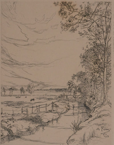 Amédée FEAU : Les près au bord du ruisseau, Gravure originale signée