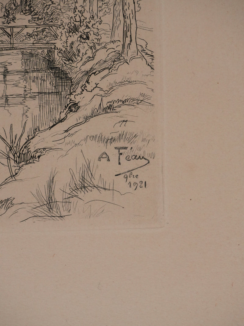 Amédée FEAU : Les près au bord du ruisseau, Gravure originale signée