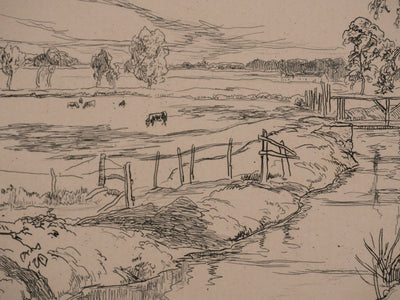 Amédée FEAU : Les près au bord du ruisseau, Gravure originale signée
