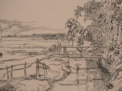 Amédée FEAU : Les près au bord du ruisseau, Gravure originale signée