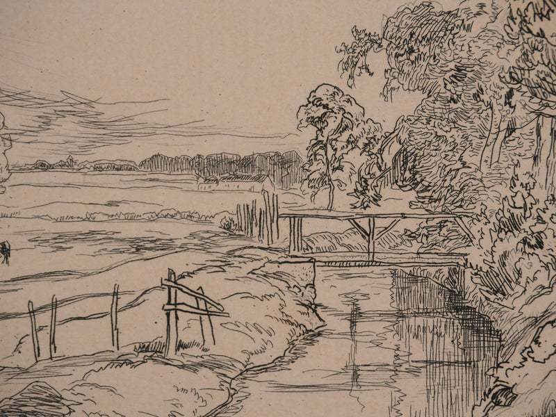 Amédée FEAU : Les près au bord du ruisseau, Gravure originale signée
