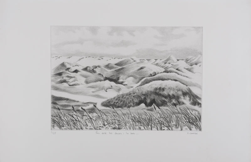 Camille COMBE : Par delà les dunes, la mer, Gravure originale signée