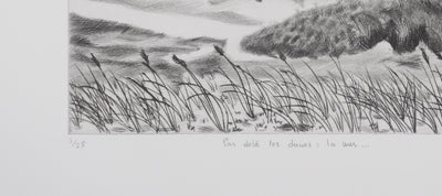 Camille COMBE : Par delà les dunes, la mer, Gravure originale signée