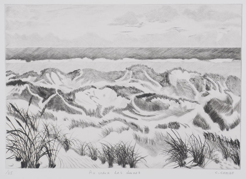 Camille COMBE : Au creux des dunes, Gravure originale signée