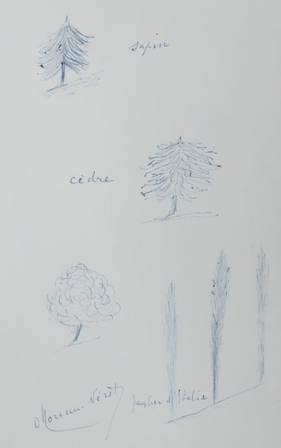 Olivier MOREAU-NERET : Le sapin, le cèdre et le peuplier d'Italie, Autographe et dessin original signé