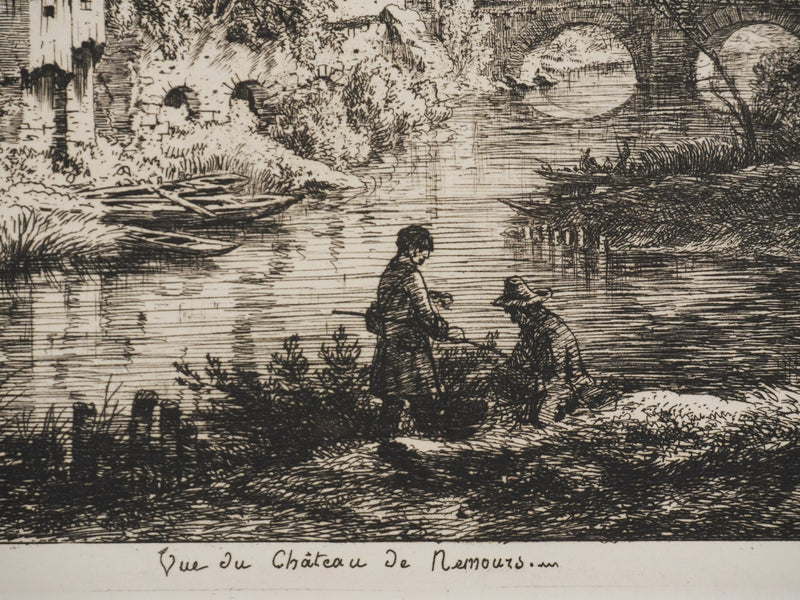 Eugène BLERY : Vue sur le Château de Nemours, Gravure originale