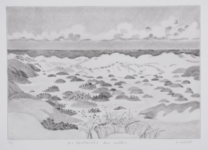 Camille COMBE : Les fantaisies des sables, Gravure originale signée
