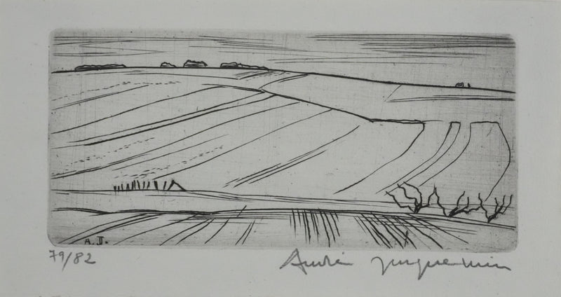 André JACQUEMIN : Les champs de blé en hiver, Gravure originale signée